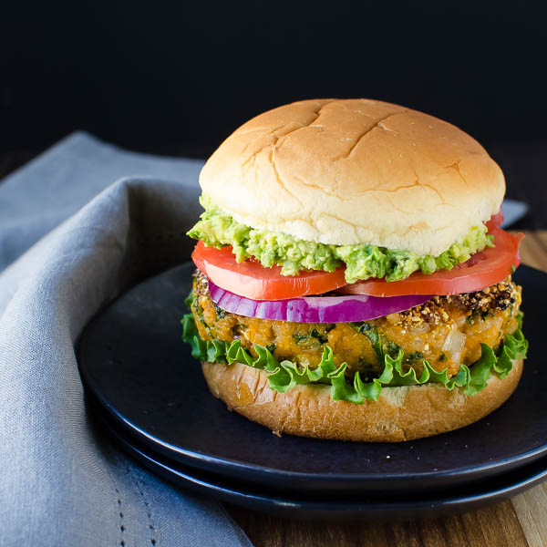 Cornmeal Crusted Veggie Burgers on plate with a napkin