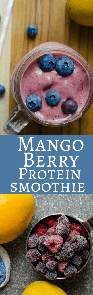 This 5 minute protein smoothie is fruity and lush with mangoes and assorted berries. Perfect for breakfast on the go!