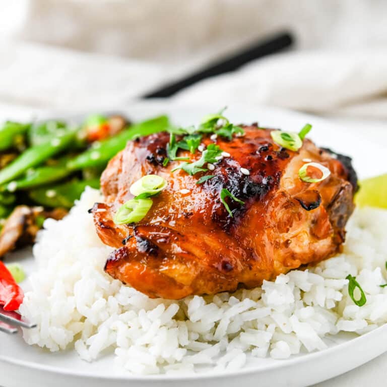 Asian chicken thighs over a bed of sticky white rice.