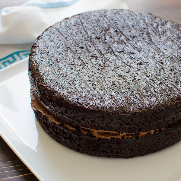 Stacking the Double Chocolate Layer Cake 