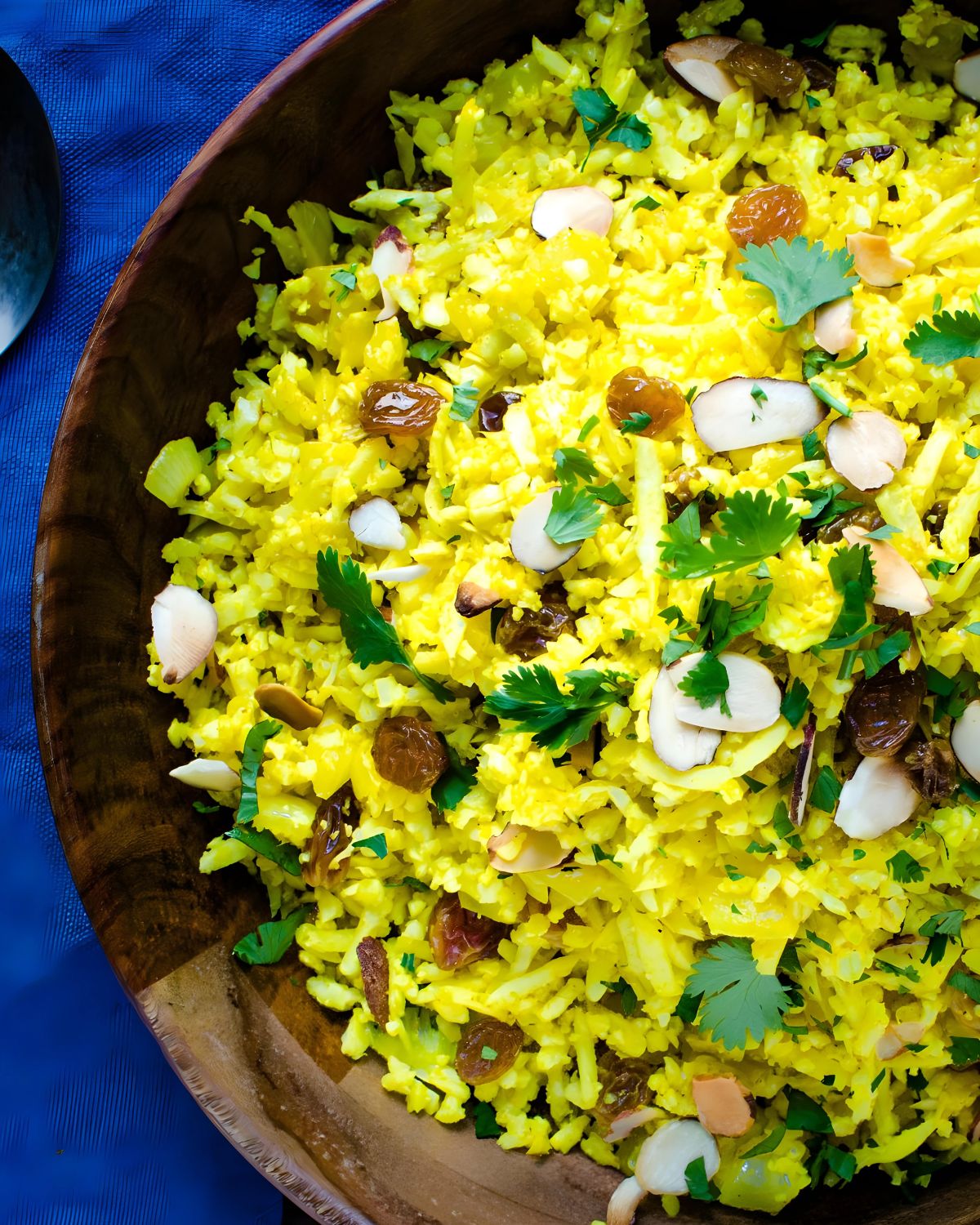 A bowl of curried cauliflower "rice" pilaf.