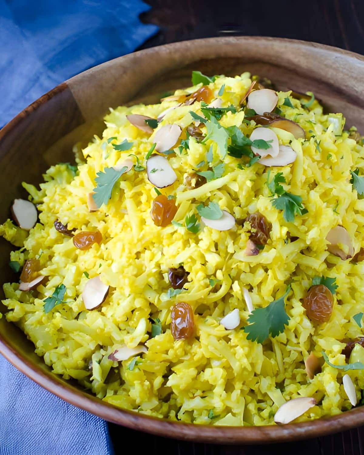 A bowl of curried cauliflower rice.