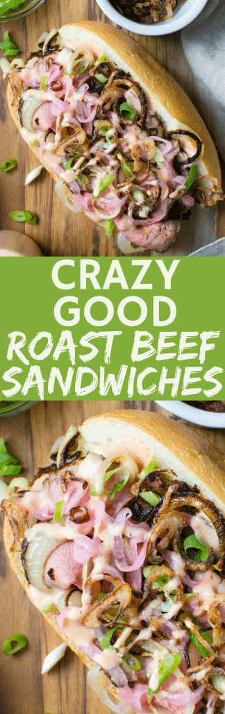 The best roast beef sandwich recipe is Don't Cry For Me Argentina Roast Beef Sandwiches, with crispy fried shallots, pickled onions & smoky sauce plus tender medium rare roast beef. Heavenly! #roastbeef #beef #sandwiches #sandwich #roastbeefsandwich #shallots #specialsauce #onions #pickledonions #comfortfood #gamedaysandwich #superbowlfood #superbowlsnacks #tailgatingsandwich #tailgating