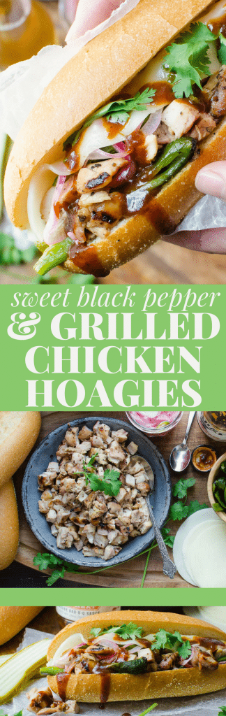 This easy grilled chicken tailgate recipe is a hot chicken sub on steroids and if you're looking for a make-ahead tailgate recipe, these Sweet Black Pepper Grilled Chicken Hoagies are it. Prep at home - grill at the game! #chicken #chickenthighs #grilledchickenthighs #tailgatingrecipes #easytailgaterecipes #hoagie #sandwich #submarine #sub #chickensub #chickenhoagie #grilledchickenhoagie #easytailgatingideas 