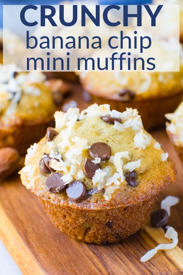 Tender sweet banana muffins with loads of chocolate chips, crunchy almonds and tropical coconut! A must for your next brunch! Make them full size or mini! #minimuffins #bananamuffins