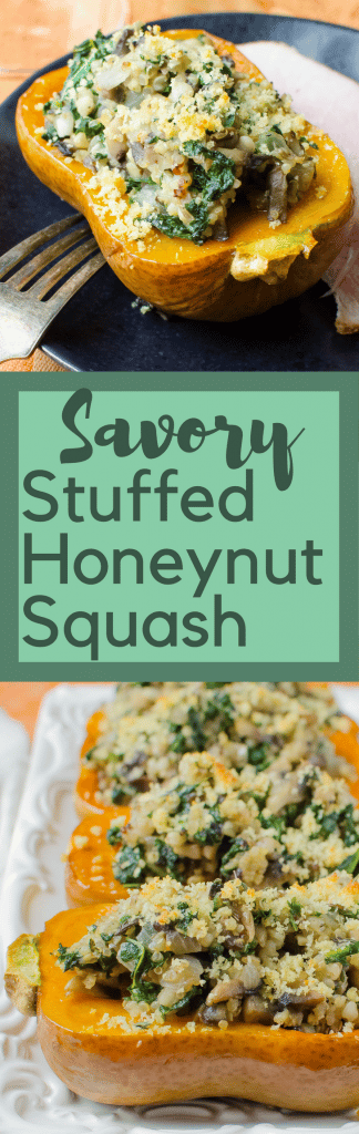 Need a new squash recipe? Savory Stuffed Honeynut Squash is easy, healthy & delicious! Stuffed with kale, quinoa and mushrooms it's a homestyle favorite!