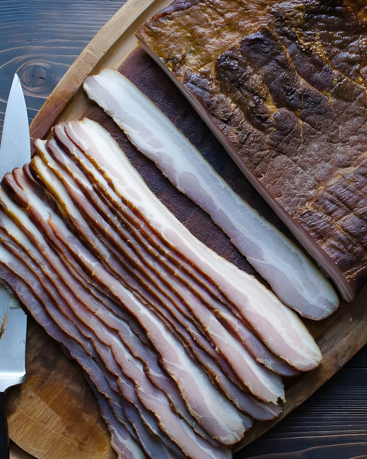 slicing the smoked bacon.