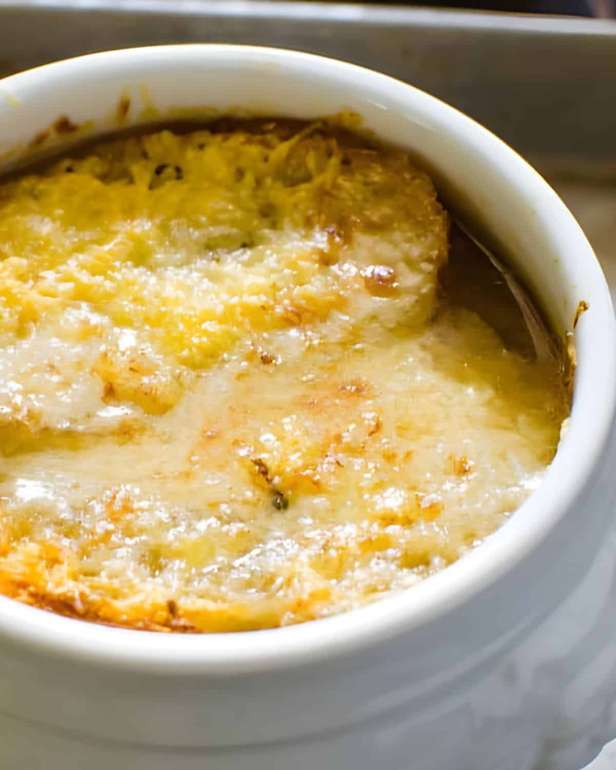 A bowl of French onion soup.