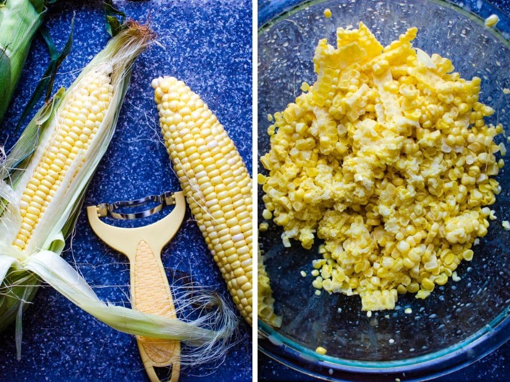 husking and removing the kernels from the cob for Thanksgiving corn recipes.
