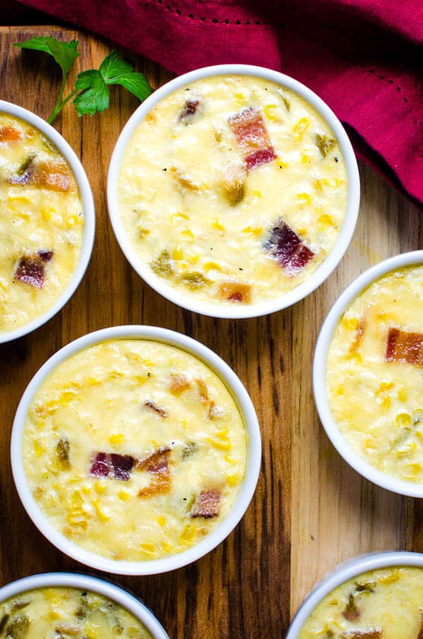 cooked Southern corn pudding with chiles and bacon.