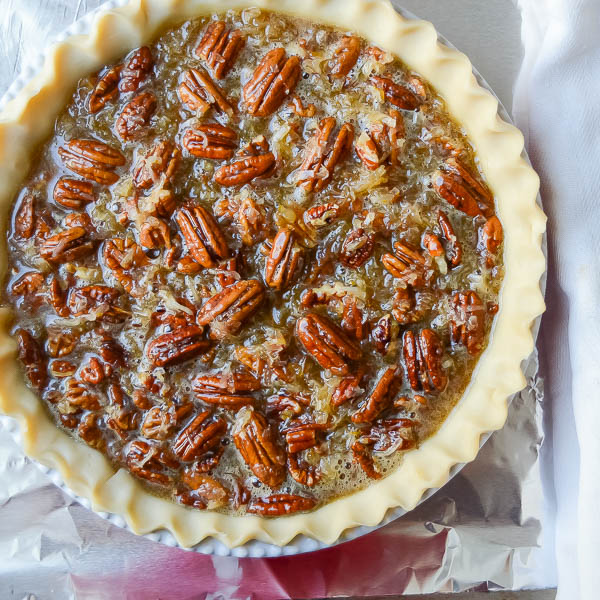 Orange Coconut Pecan Pie in pie shell