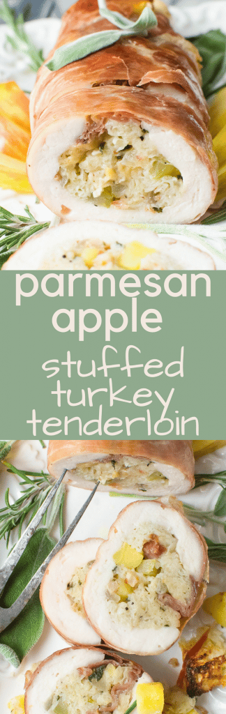 Easy Parmesan Apple Stuffed Turkey Tenderloin is a Thanksgiving meal for a smaller crowd. Homemade stuffing and gravy adds a holiday feel to any occasion!