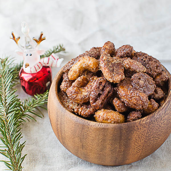 Mexican Hot Chocolate Spiced Nuts with christmas ornament