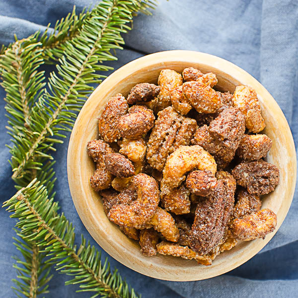 Mexican Hot Chocolate Spiced Nuts with greenery