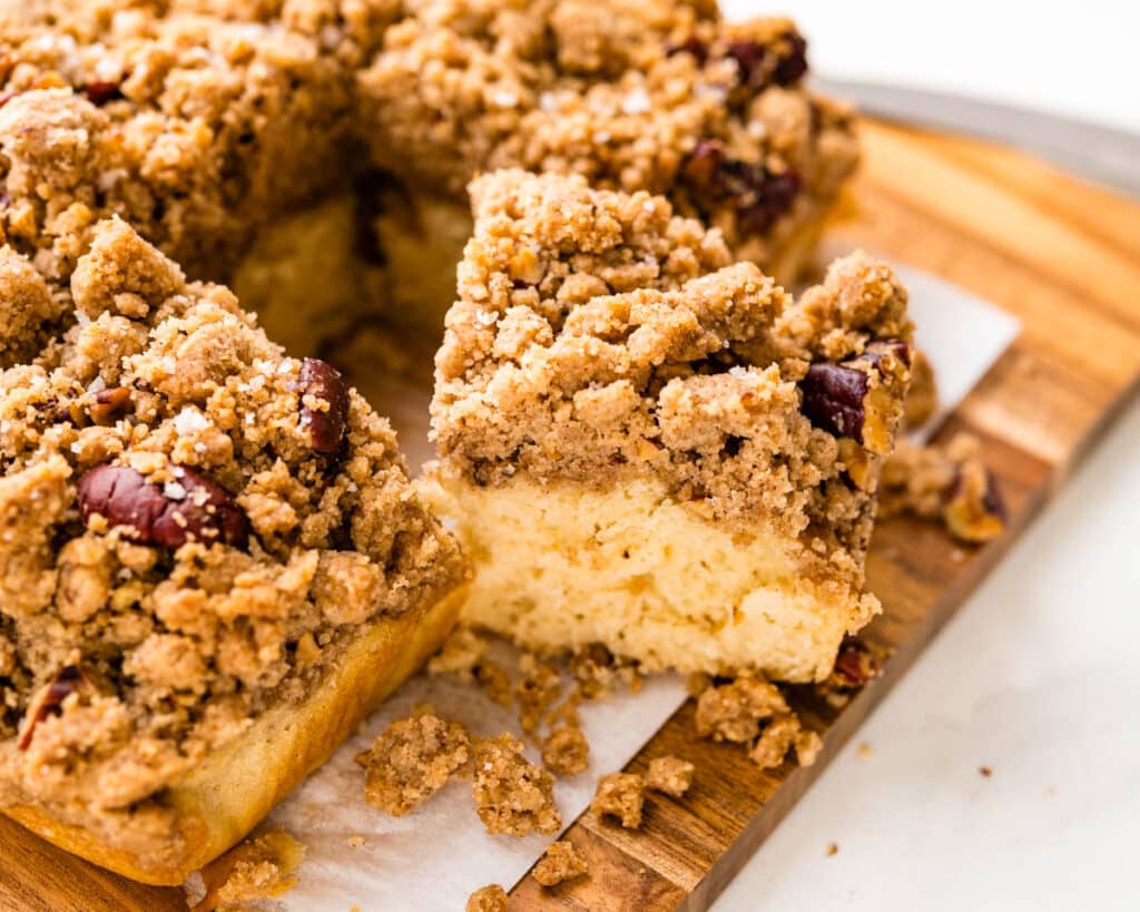 Sliced New York crumb cake.