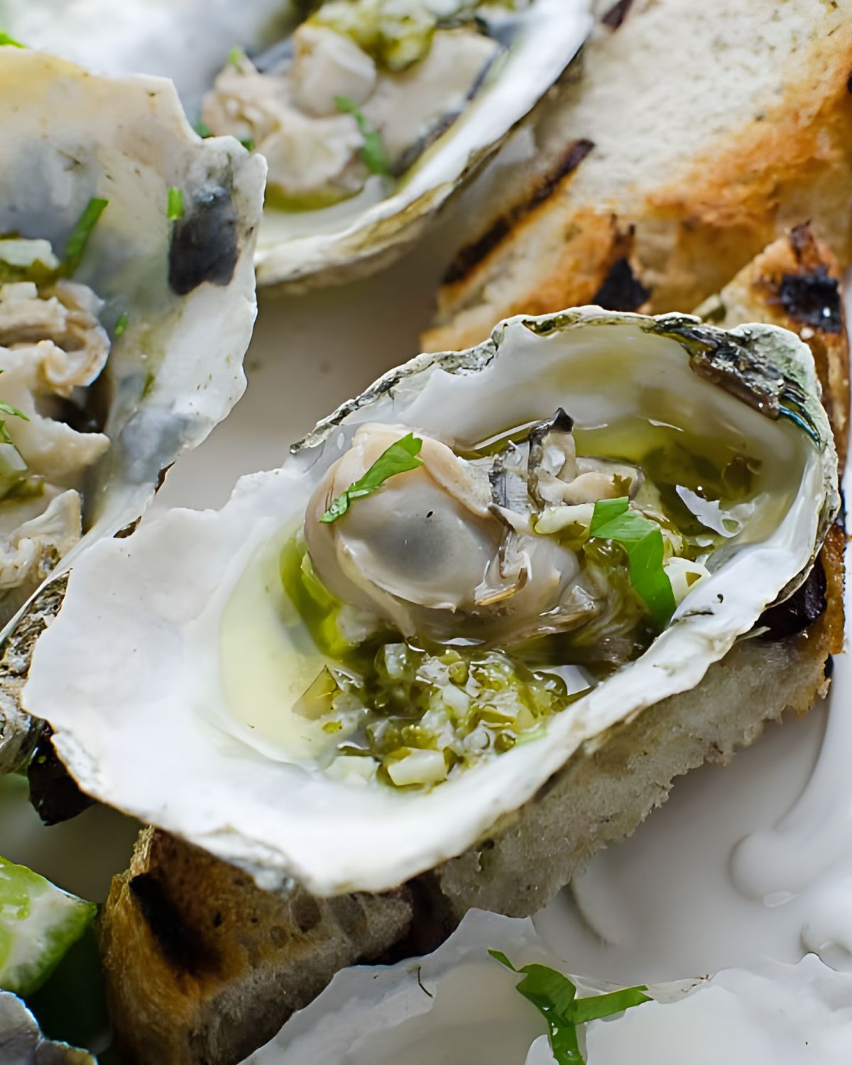 Citrusy grilled oysters with grilled bread.