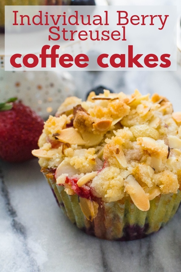 Brunch is brunch without a little sweet bite. These Berry Streusel Coffee Cakes are always a hit, filled with assorted fruit and almond streusel topping. #coffeecakemuffins #berrycoffeecake