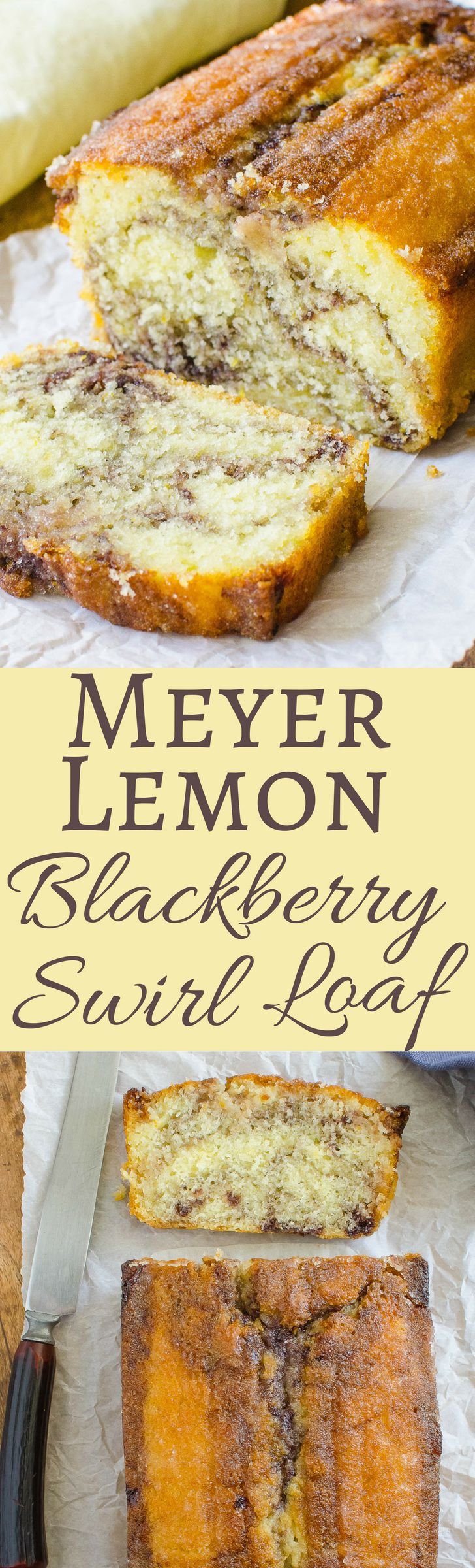 This easy recipe for Meyer Lemon Loaf Cake comes with a twist! A luscious swirl of blackberry jam! A most decadent tea cake!
