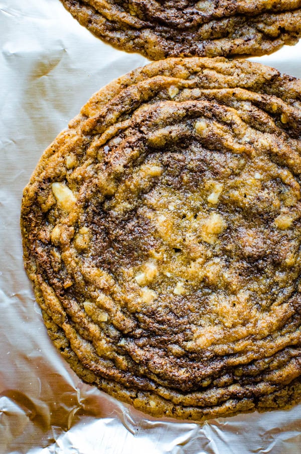 giant chocolate chip cookie on the baking sheet.