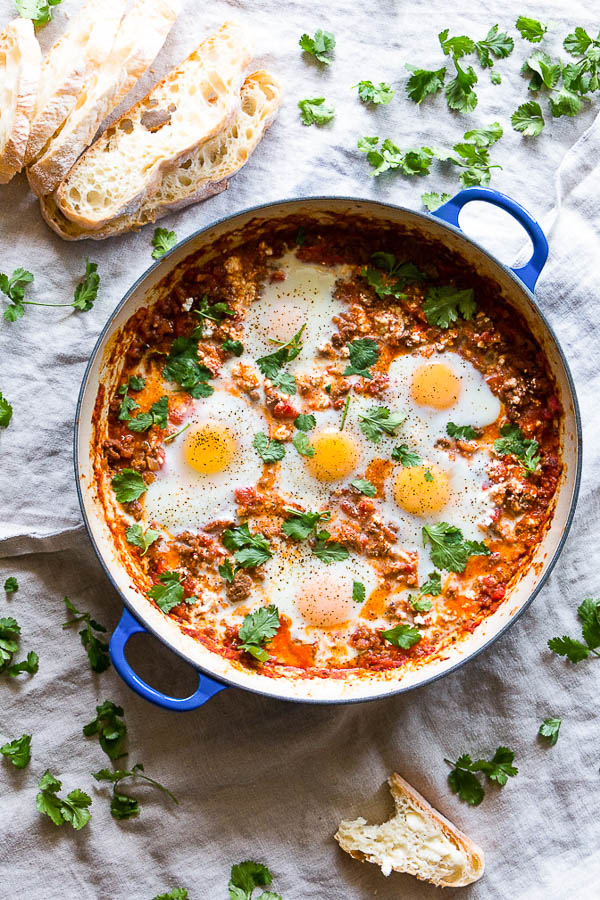 Kimchi Eggs in Hell with Turkey Sausage and Feta