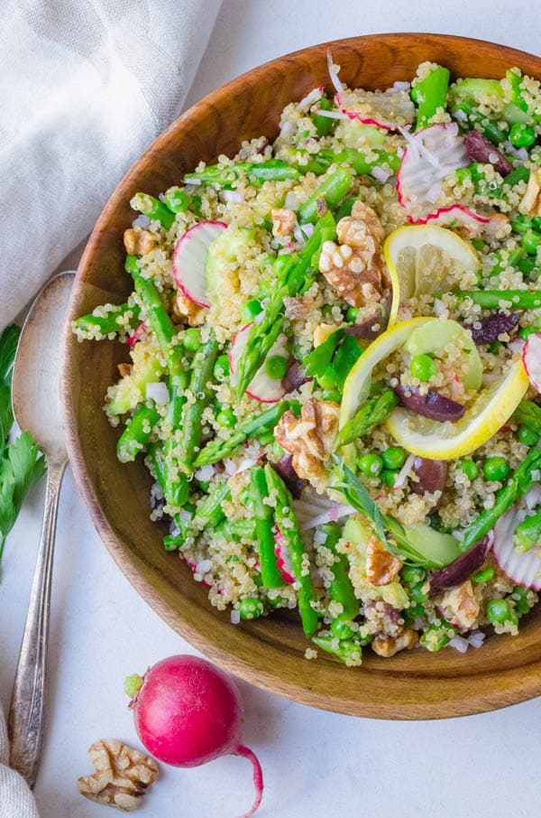 spring asparagus quinoa salad with a radish on the side.