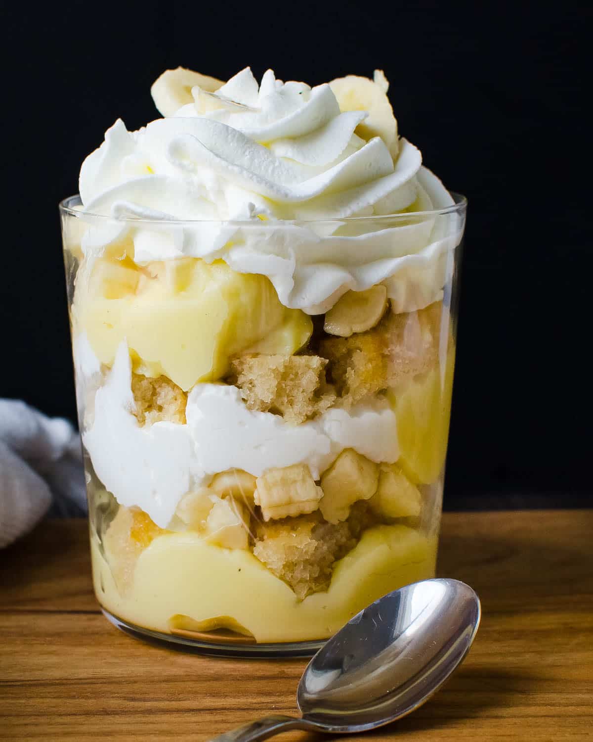 banana pudding parfait in a clear glass.