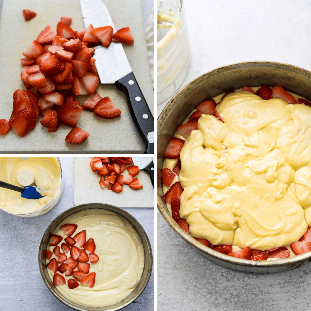 layering the fresh strawberries between layers of lemon crumb cake.