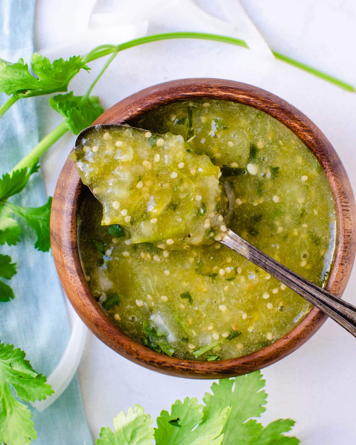 A bowl of green salsa verde with fresh cilantro.
