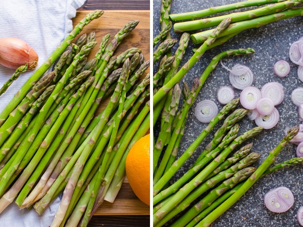 trimming and cutting baby asparagus and vegetables.