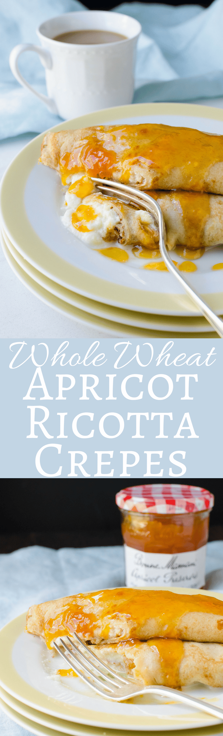 This easy make-ahead recipe for whole wheat apricot ricotta crepes uses Bonne Maman apricot preserves and cognac for a delicious dish!