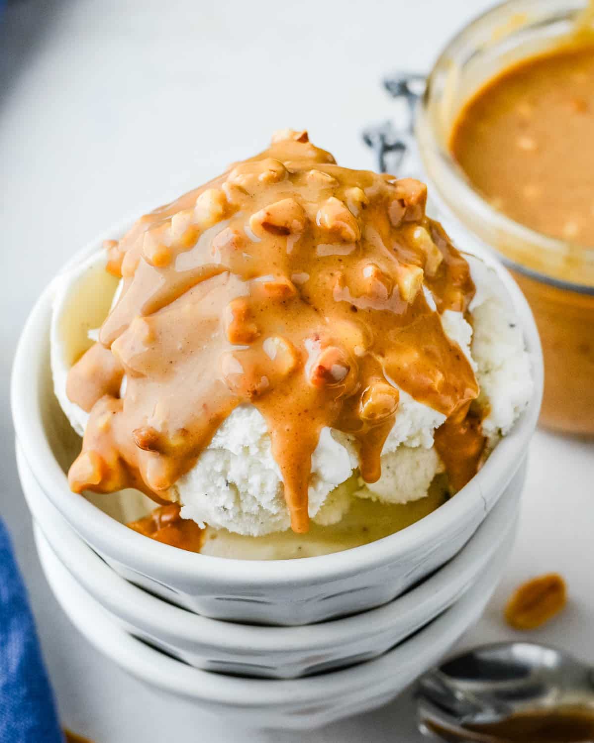 Peanut butter magic shell over ice cream.
