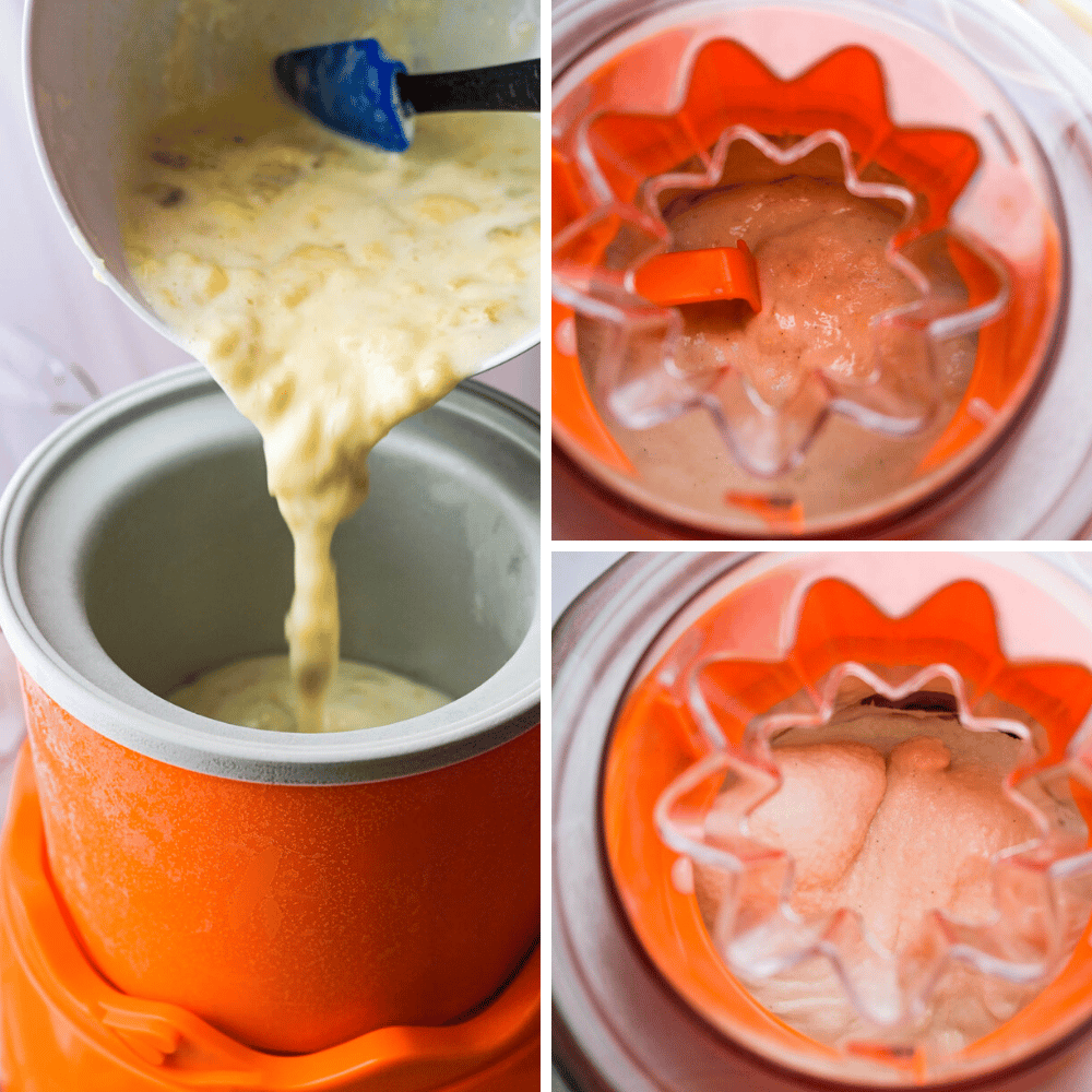 Adding banana ice cream recipe to the frozen ice cream maker canister.