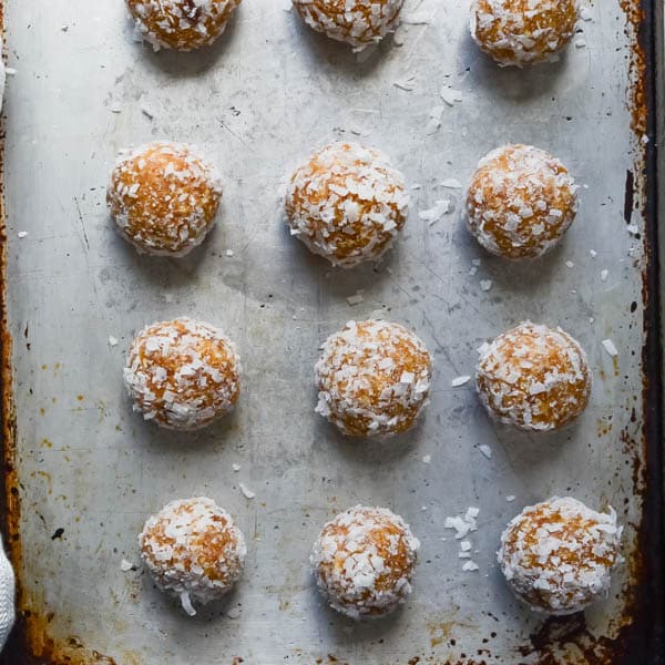 Apricot Date Nut Bites rolled in coconut