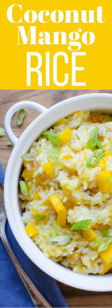 Looking for a tropical rice recipe? Creamy Coconut Mango Rice is as creamy as risotto with bites of tangy, sweet mango & golden raisins! Delicious!