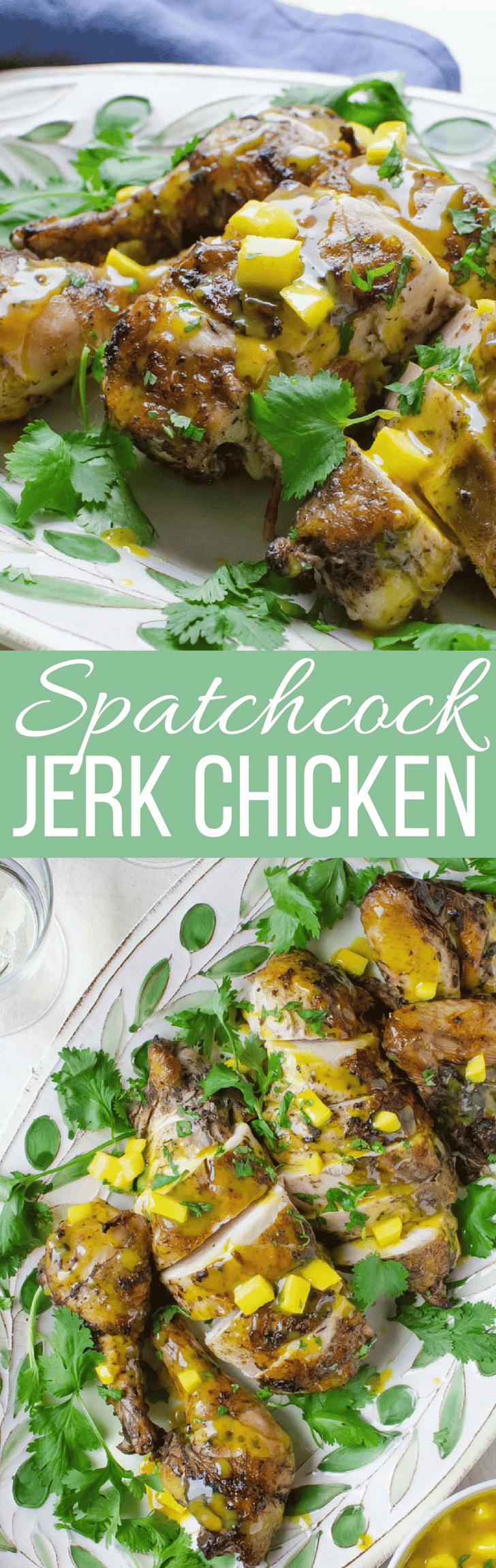 This easy jerk chicken recipe is the BEST! Spatchcock Jerk Chicken with Sweet Curry uses a special jerk seasoning and a raging hot cast iron skillet!