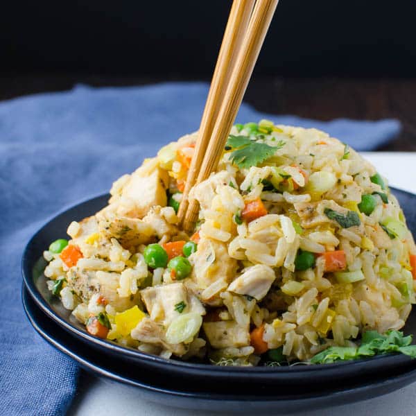 Easy Chicken Fried Rice on a plate with napkin