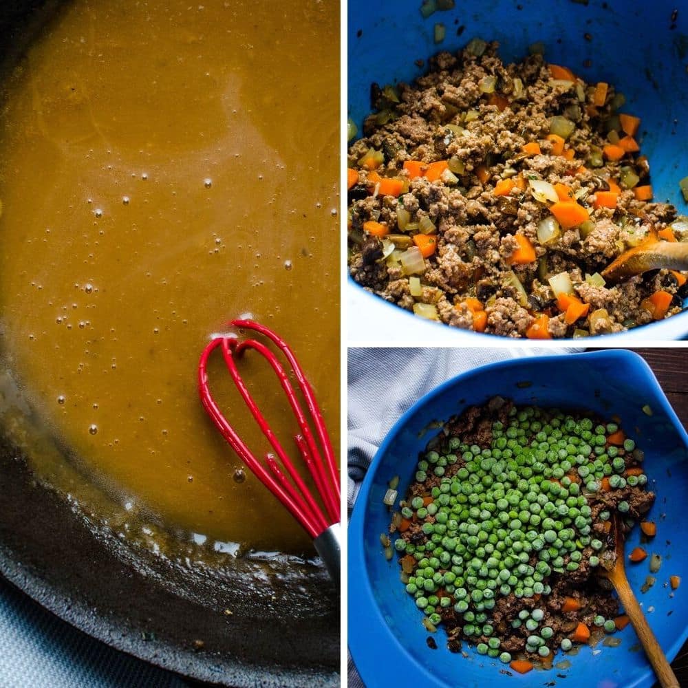 Combining gravy with ground beef and vegetables for ground beef casserole with potatoes.