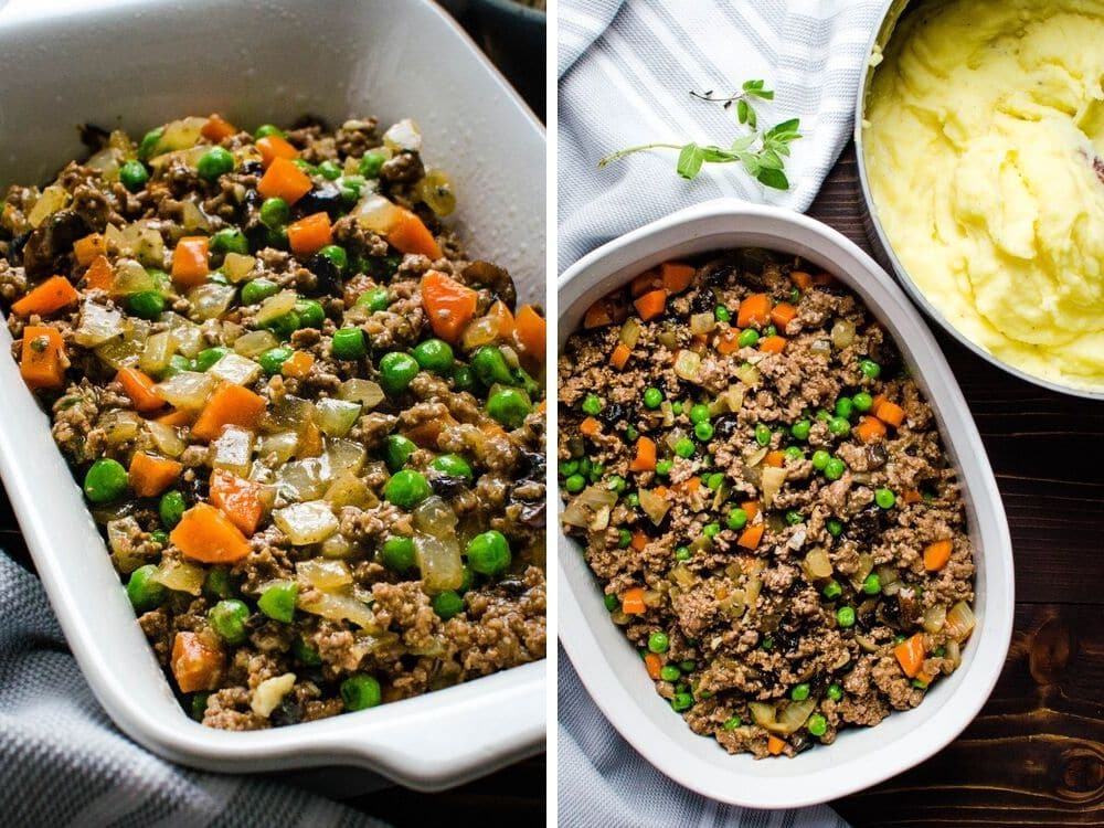 Individual and Family Sized ground beef casserole with potatoes.