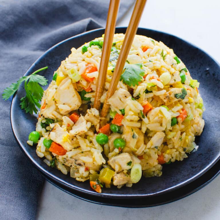 easy chicken fried rice with a pair of chopsticks.