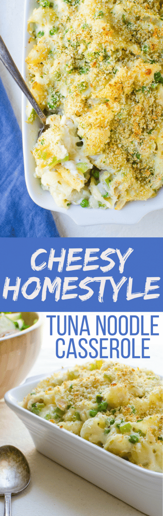 Need an authentic Cheesy Homestyle Tuna Noodle Casserole recipe? This is it with tender shell pasta, sautéed vegetables and a creamy sauce with two cheeses. 