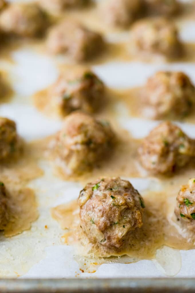 baked pork meatballs for Italian wedding soup recipe. 