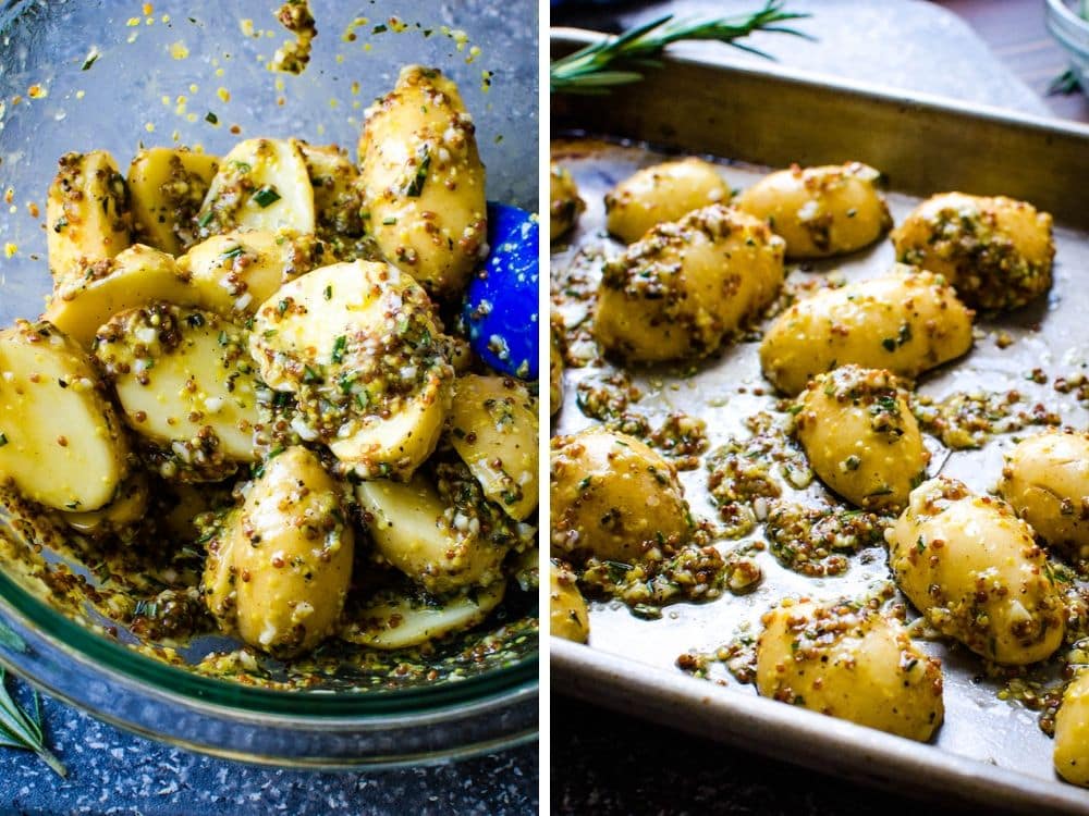 tossing spuds in garlic herb sauce and arranging on a baking sheet.