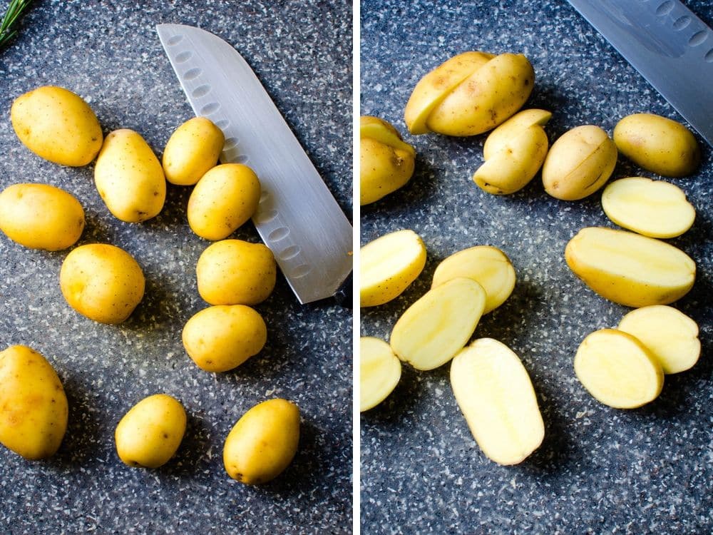 Slicing the potatoes in half.