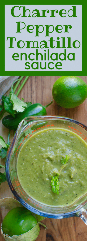 This homemade charred pepper and tomatillo enchilada sauce recipe is spicy & flavorful. Smoky cumin, fresh lime juice & cilantro round out the flavors.