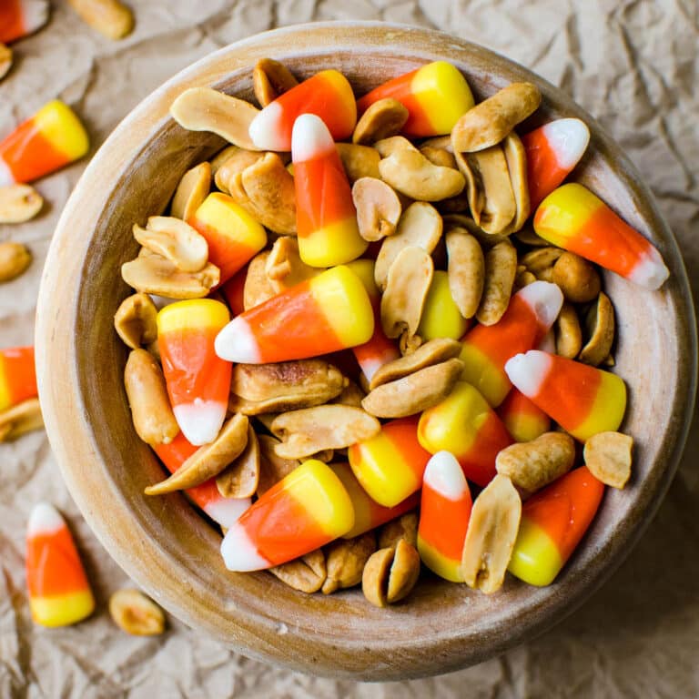 a bowl of candy corn snack mix.