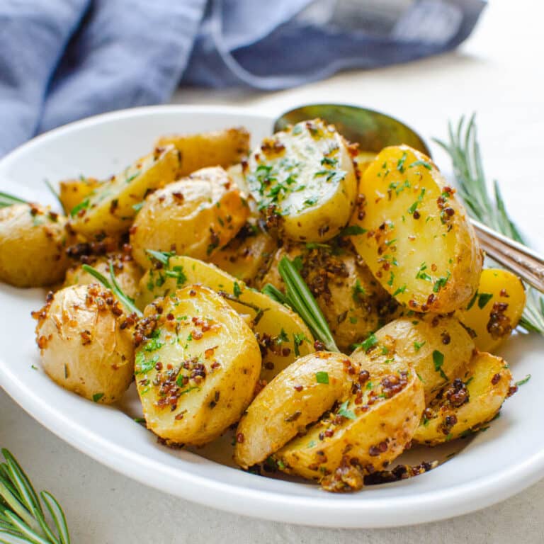 A dish of Mustard Roasted Potatoes.