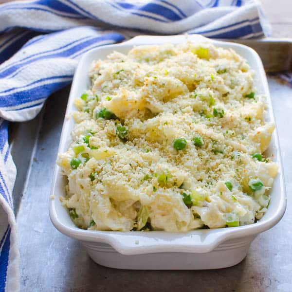 Cheesy Homestyle Tuna Noodle Casserole on a baking pan.