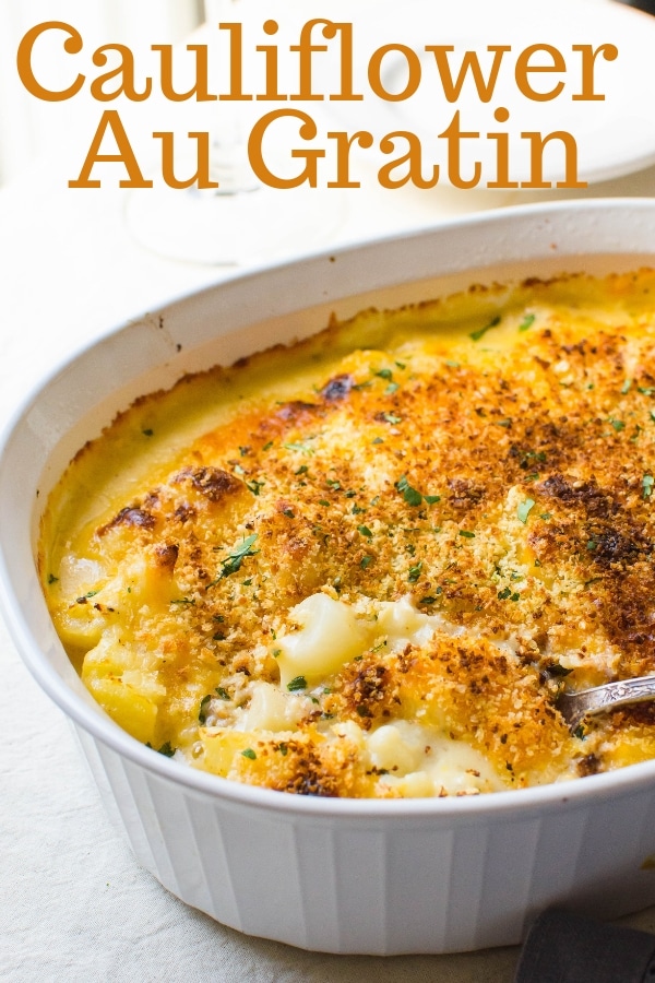 This easy cauliflower casserole w/ two kinds of cheese and tangy dijon mustard is a great vegetarian side dish! Make Cauliflower Mustard Au Gratin tonight! #cauliflower #cauliflowerrecipes #vegetarianrecipes