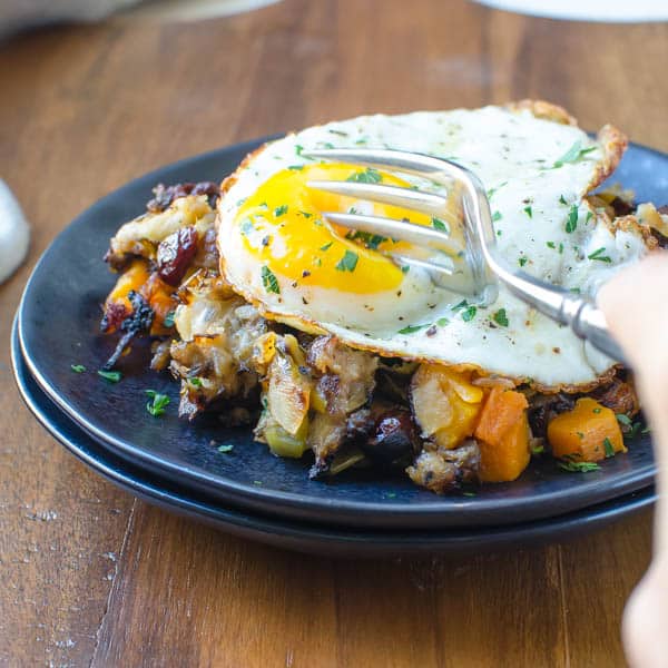 Leftover Stuffing "Hash" with a fork.