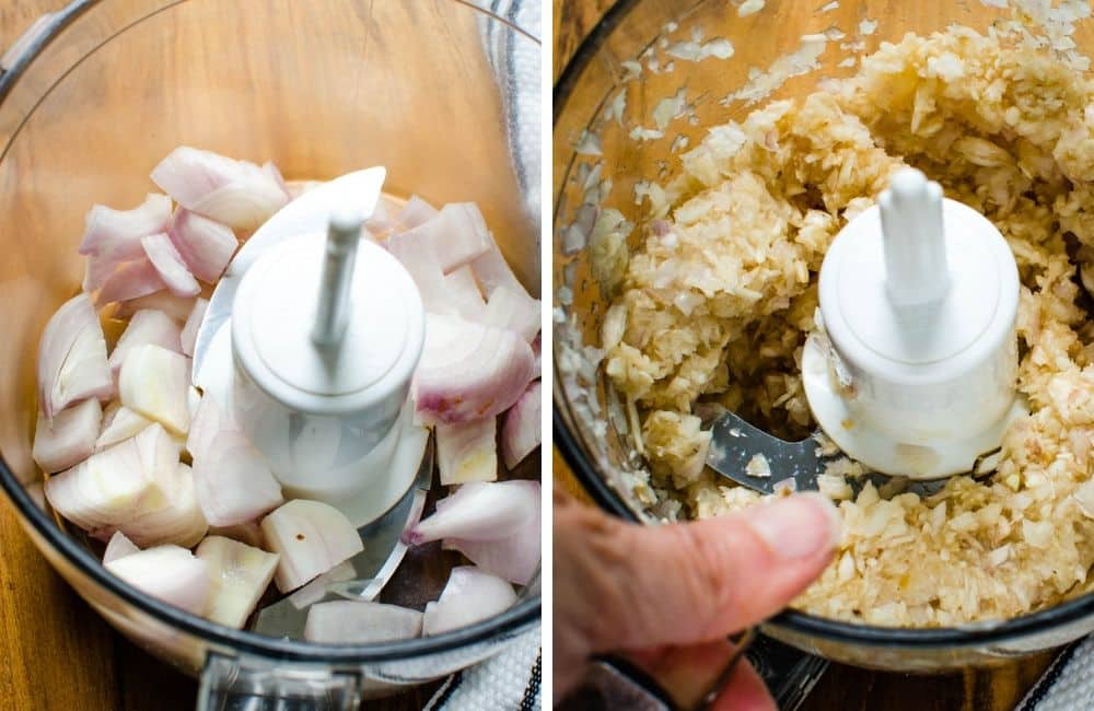 chopping shallots in a food processor.